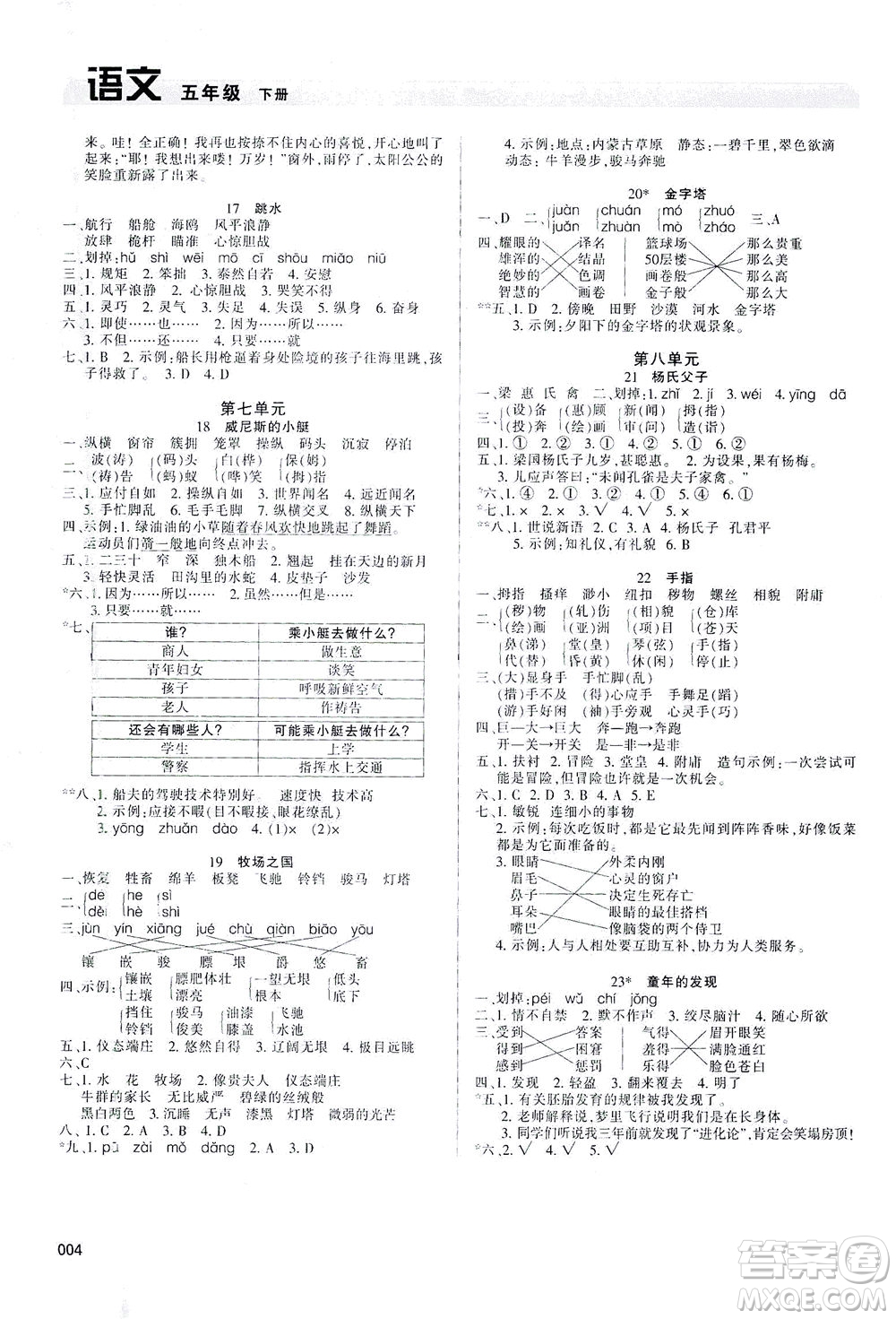 天津教育出版社2021學習質(zhì)量監(jiān)測語文五年級下冊人教版答案