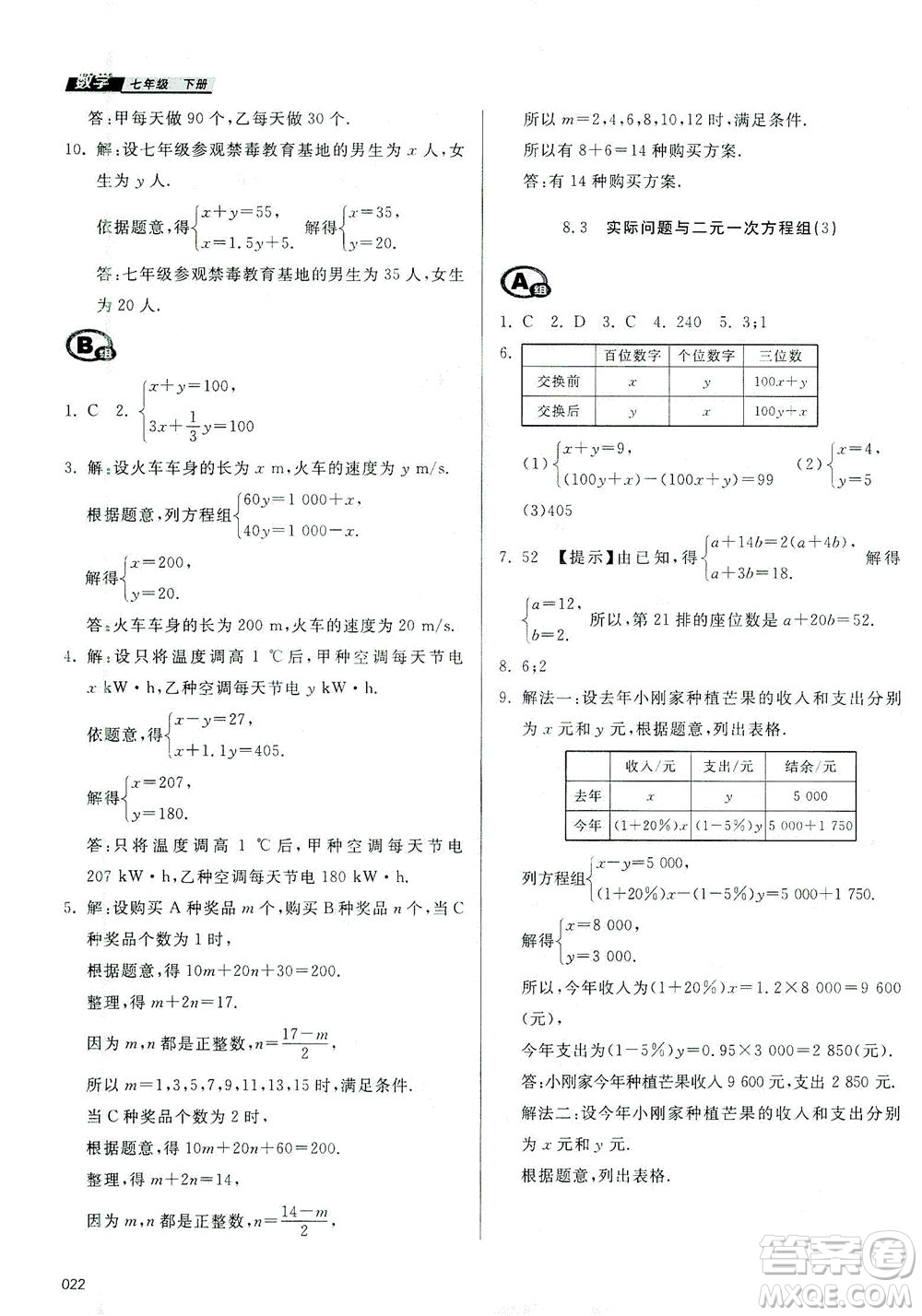 天津教育出版社2021學(xué)習(xí)質(zhì)量監(jiān)測七年級數(shù)學(xué)下冊人教版答案