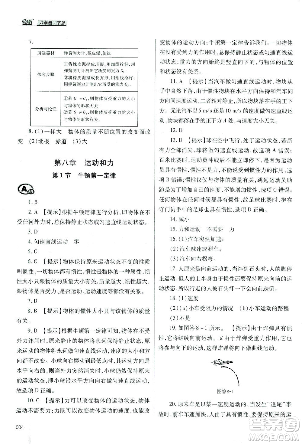 天津教育出版社2021學(xué)習(xí)質(zhì)量監(jiān)測八年級(jí)物理下冊人教版答案