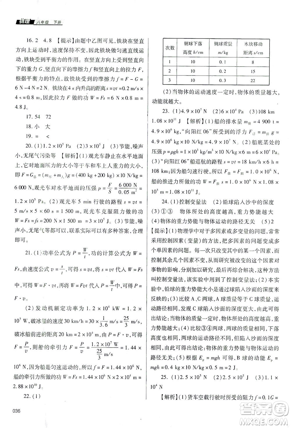 天津教育出版社2021學(xué)習(xí)質(zhì)量監(jiān)測八年級(jí)物理下冊人教版答案