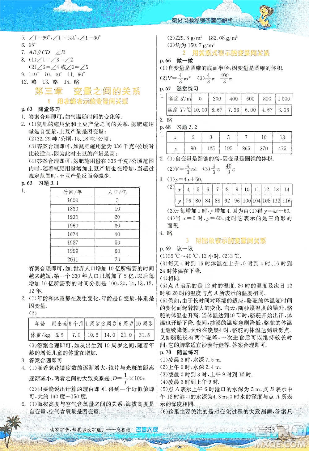 江蘇人民出版社2021春雨教育實驗班提優(yōu)課堂七年級下冊數(shù)學(xué)北師大版參考答案