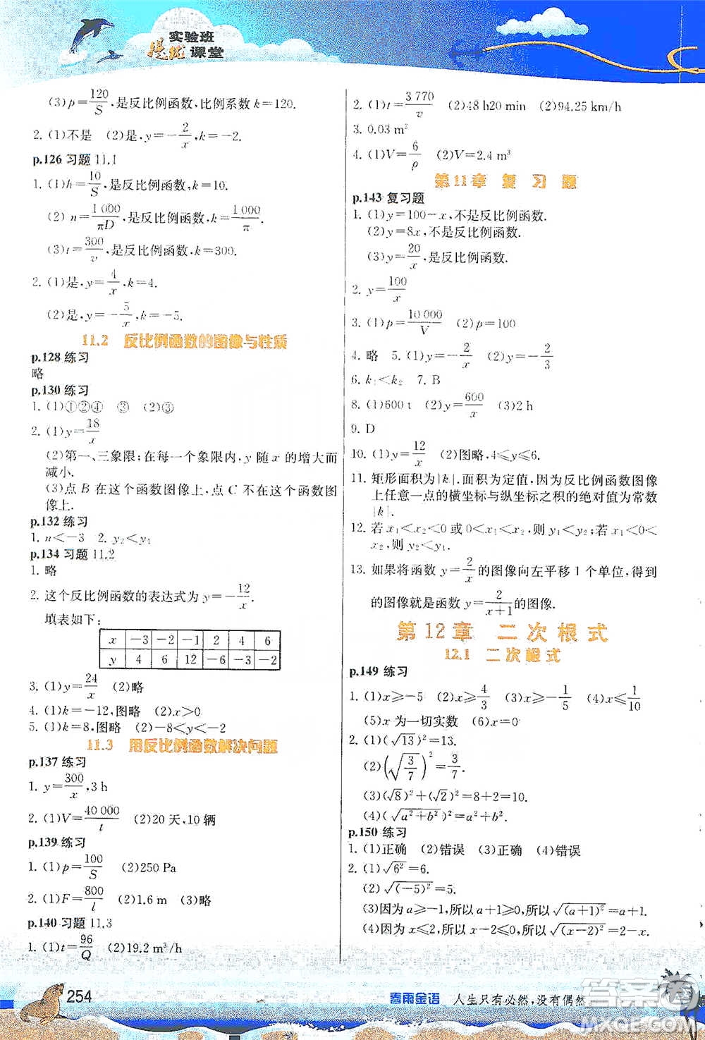 江蘇人民出版社2021春雨教育實(shí)驗(yàn)班提優(yōu)課堂八年級(jí)下冊(cè)數(shù)學(xué)蘇科版參考答案