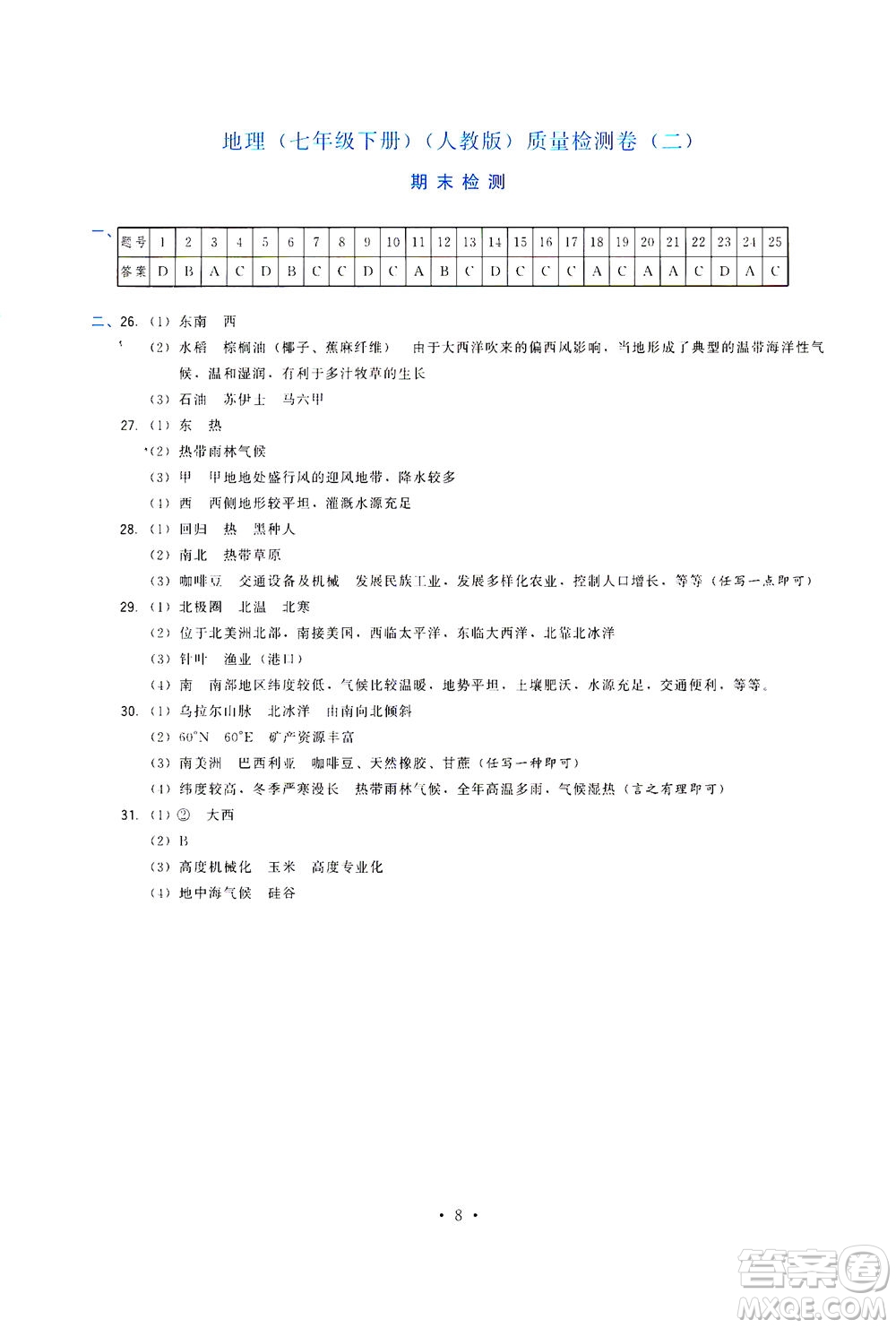 福建人民出版社2021頂尖課課練七年級地理下冊人教版答案