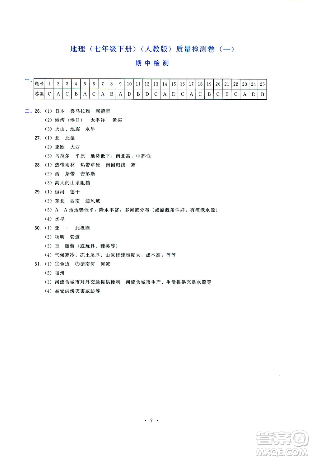 福建人民出版社2021頂尖課課練七年級地理下冊人教版答案