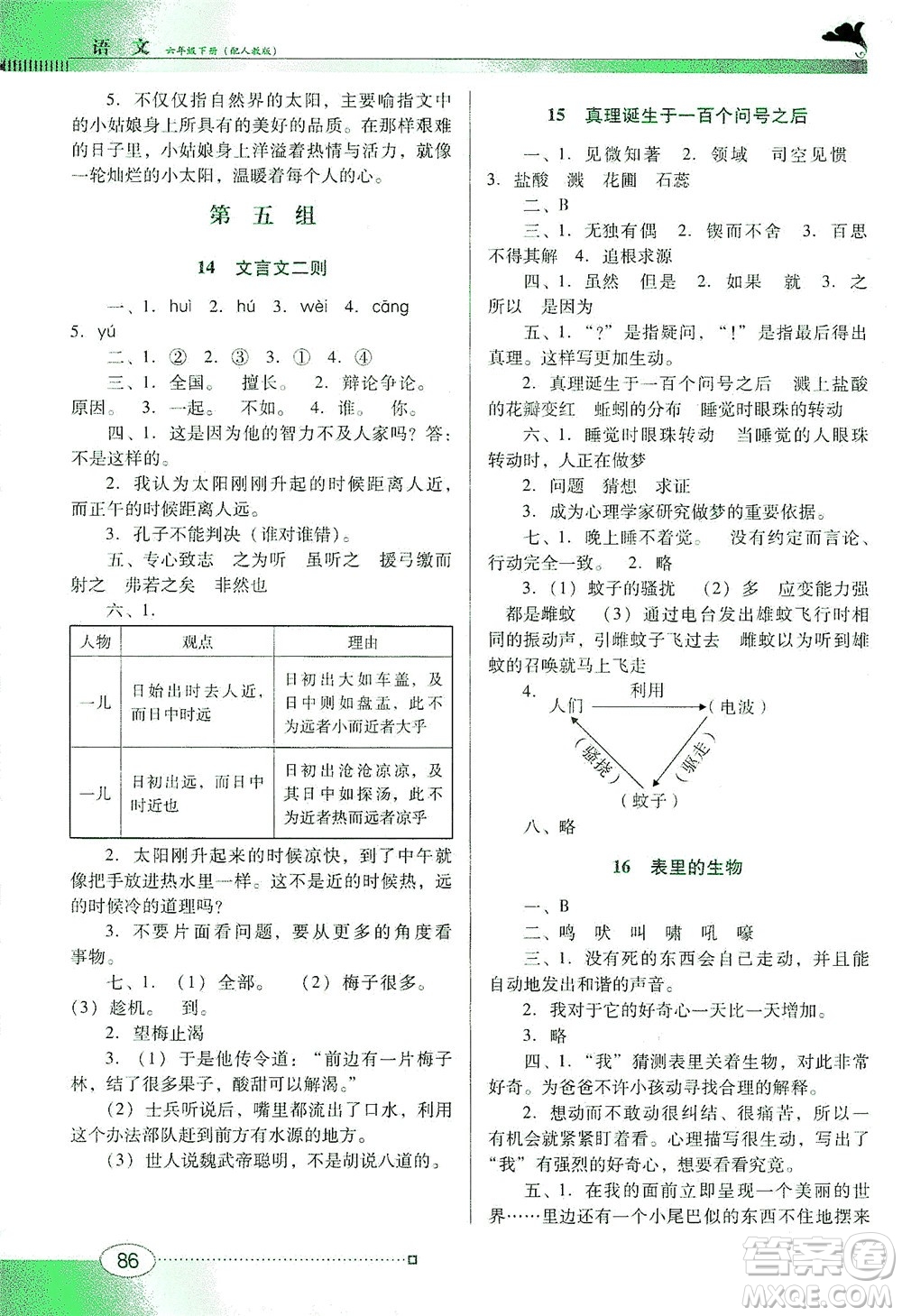 廣東教育出版社2021南方新課堂金牌學(xué)案語(yǔ)文六年級(jí)下冊(cè)人教版答案