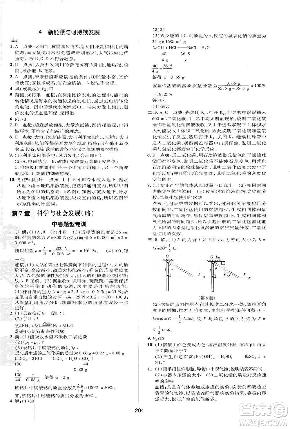 陜西人民教育出版社2021典中點九年級全一冊科學華師版參考答案