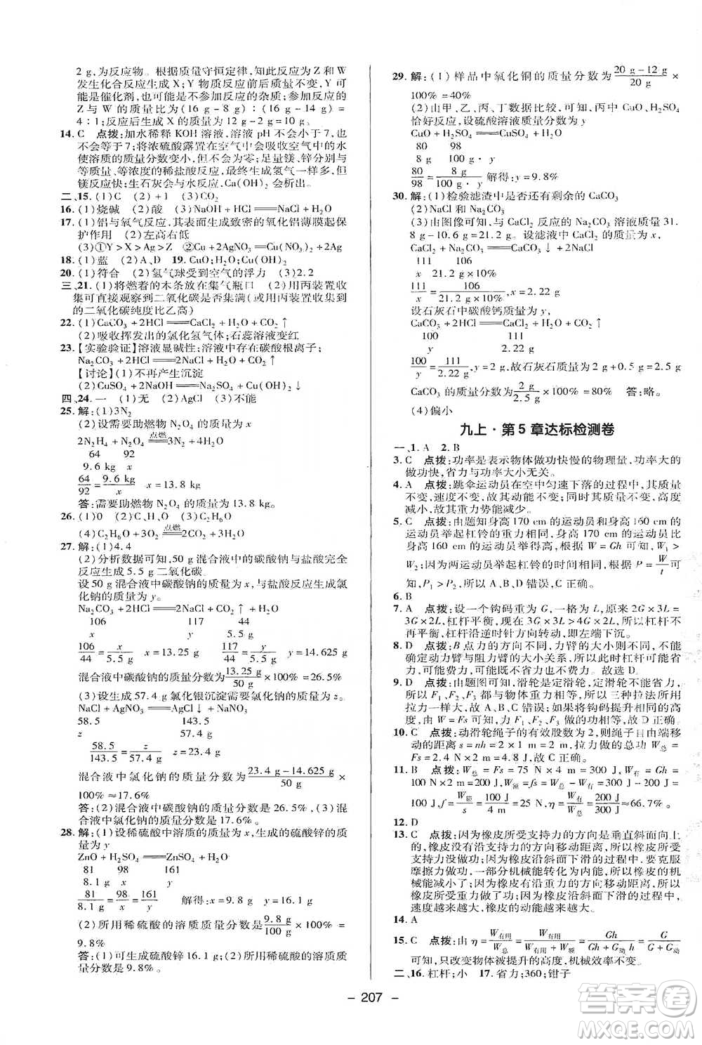 陜西人民教育出版社2021典中點九年級全一冊科學華師版參考答案