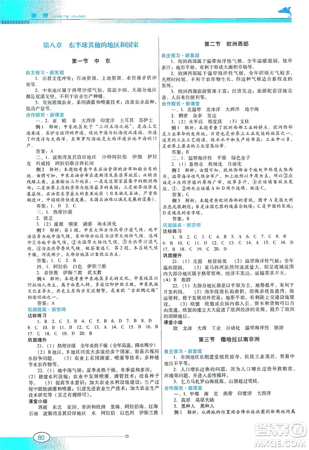 廣東教育出版社2021南方新課堂金牌學(xué)案地理七年級(jí)下冊(cè)人教版答案