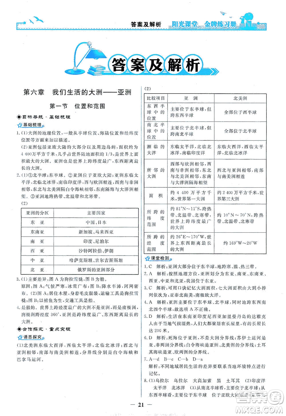 人民教育出版社2021陽光課堂金牌練習冊地理七年級下冊人教版答案