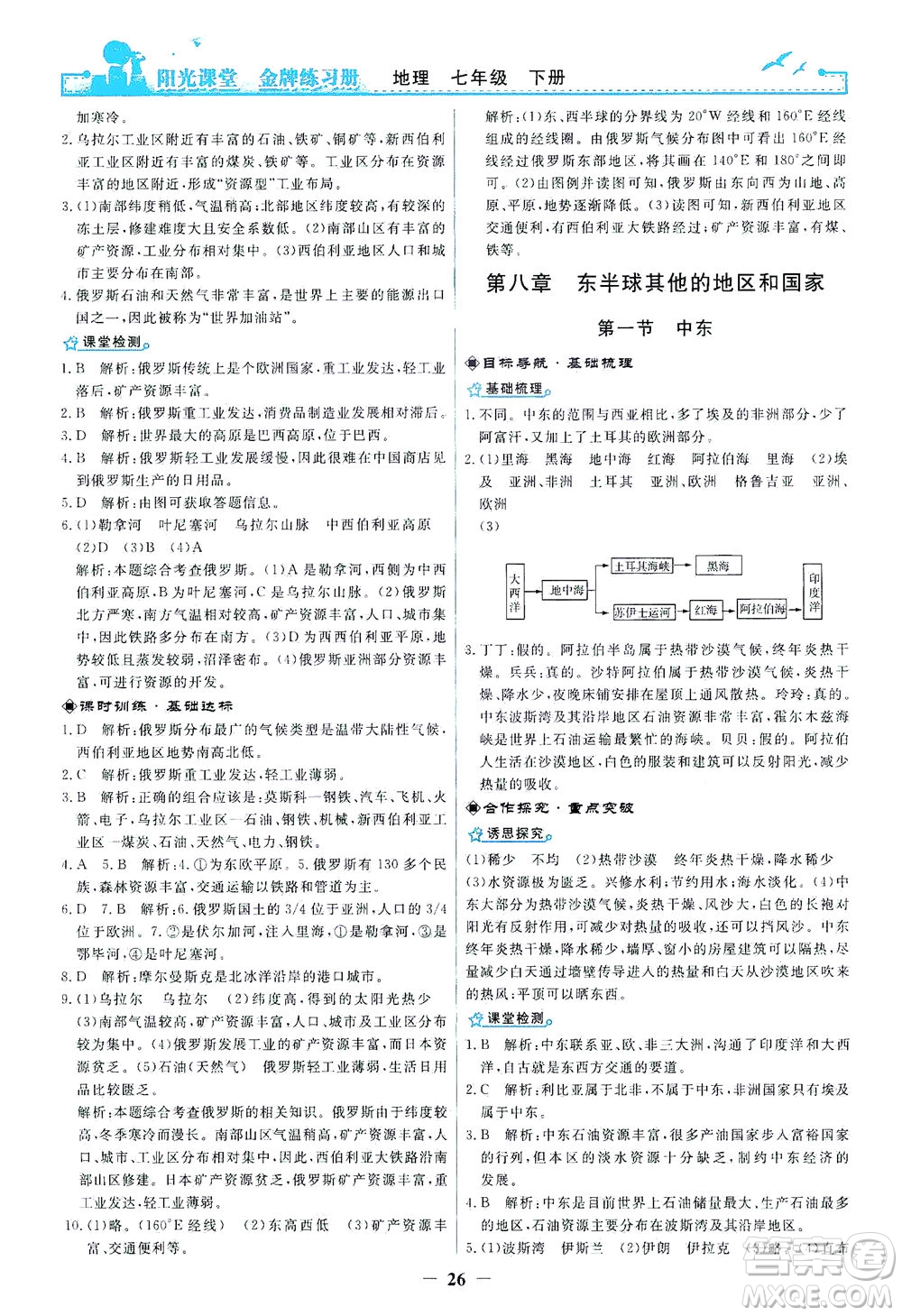 人民教育出版社2021陽光課堂金牌練習冊地理七年級下冊人教版答案