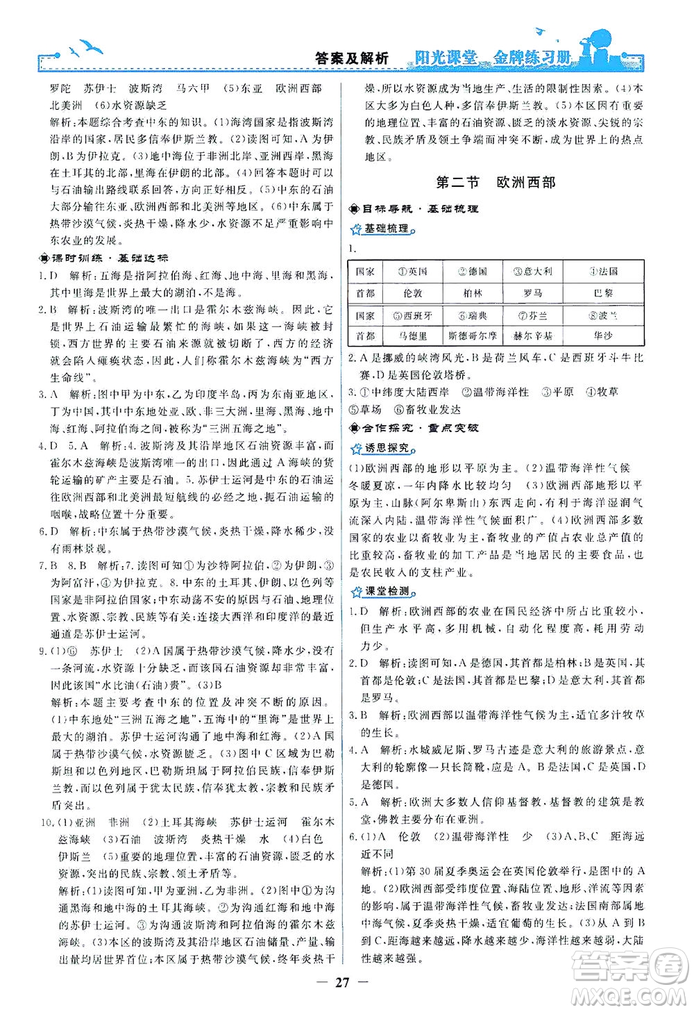 人民教育出版社2021陽光課堂金牌練習冊地理七年級下冊人教版答案