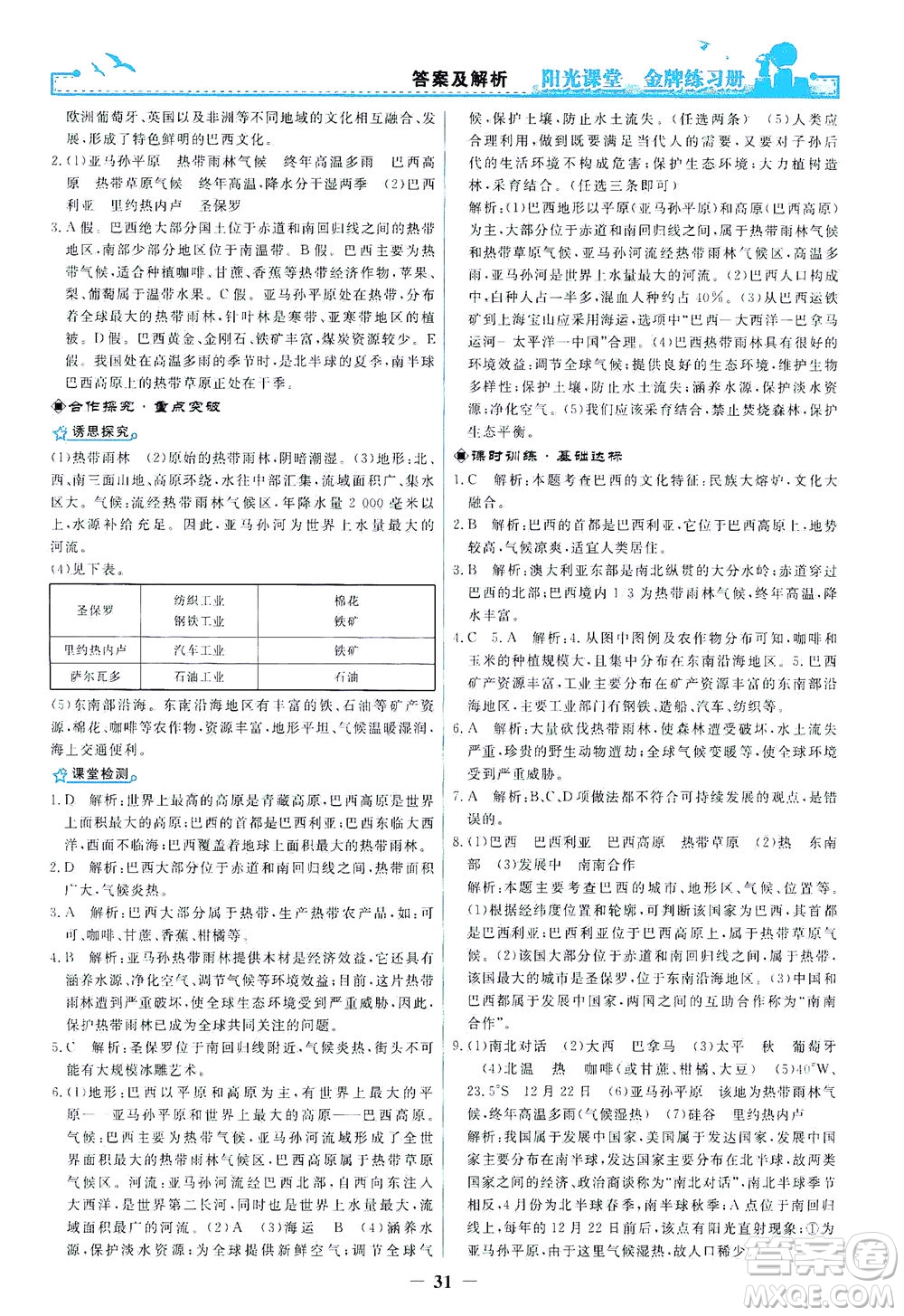 人民教育出版社2021陽光課堂金牌練習冊地理七年級下冊人教版答案