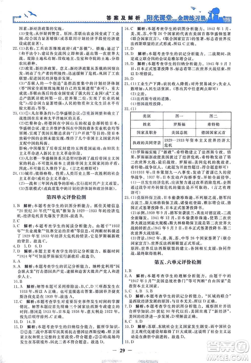 人民教育出版社2021陽光課堂金牌練習冊世界歷史九年級下冊人教版答案