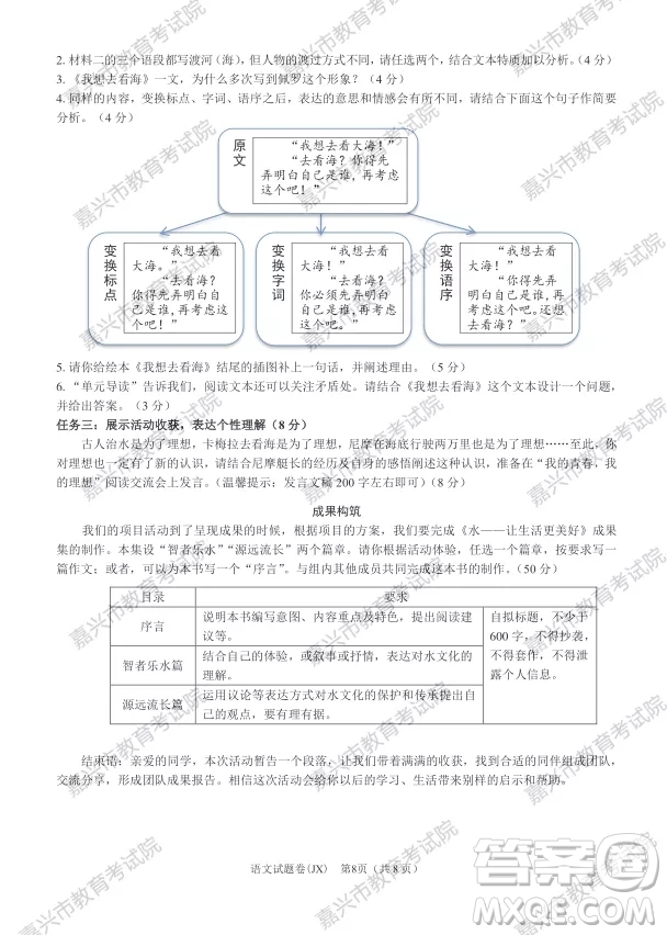 2021年浙江省初中畢業(yè)生學業(yè)水平考試嘉興卷語文試題卷及答案