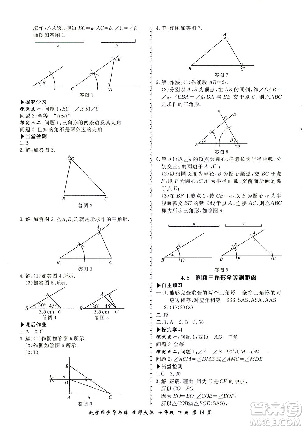 鄭州大學出版社2021新學案同步導與練七年級數學下冊北師大版答案