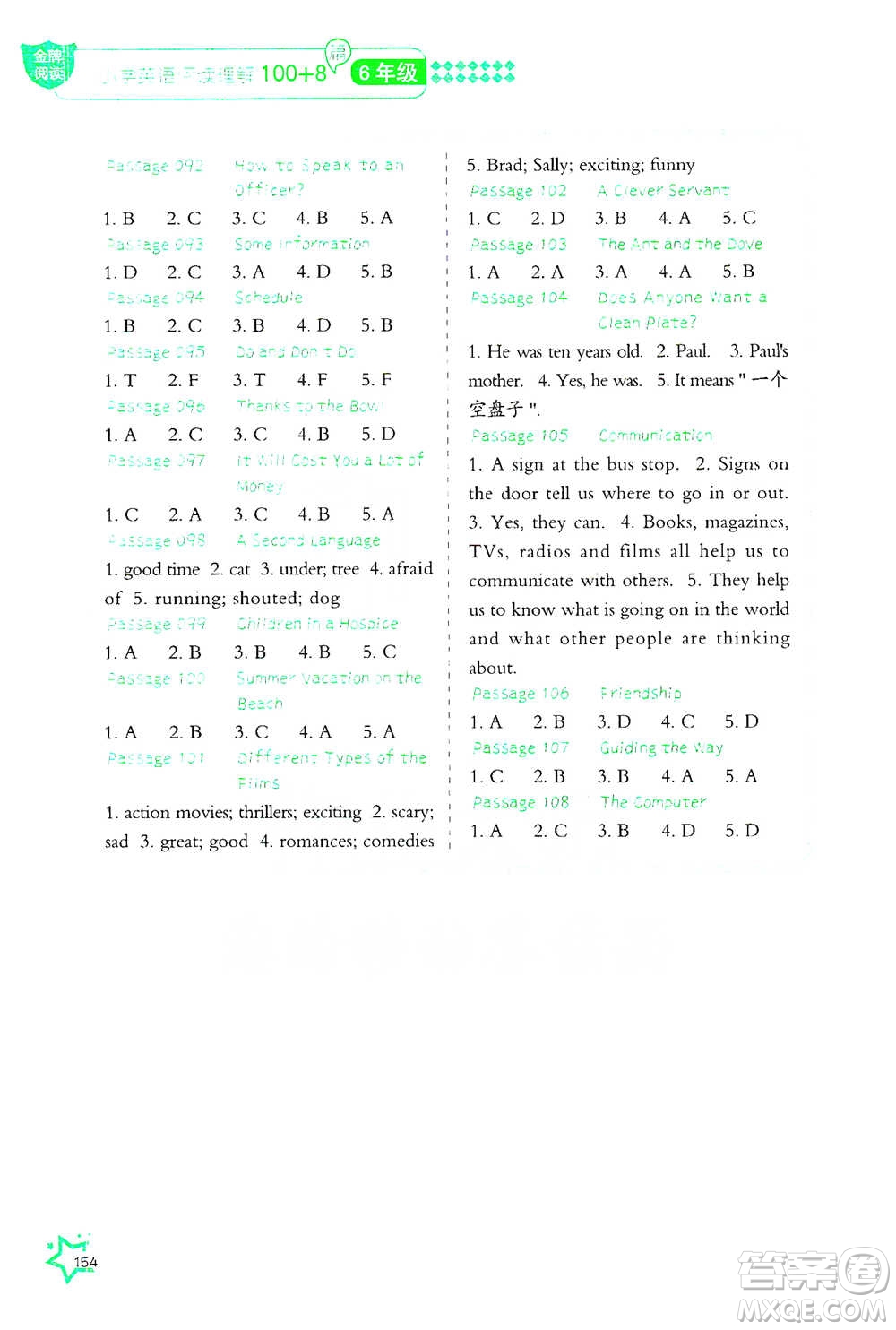 華中科技大學(xué)出版社2021小學(xué)英語閱讀理解100+8篇六年級通用版參考答案