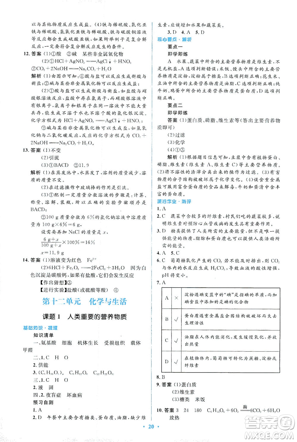 人民教育出版社2021同步解析與測評九年級化學下冊人教版答案