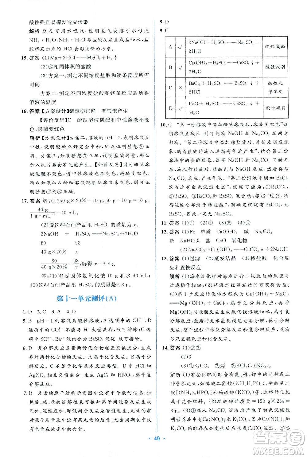 人民教育出版社2021同步解析與測評九年級化學下冊人教版答案