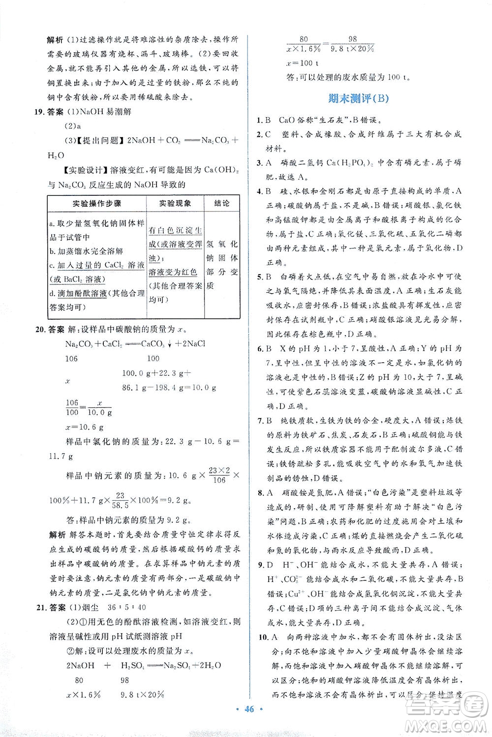 人民教育出版社2021同步解析與測評九年級化學下冊人教版答案