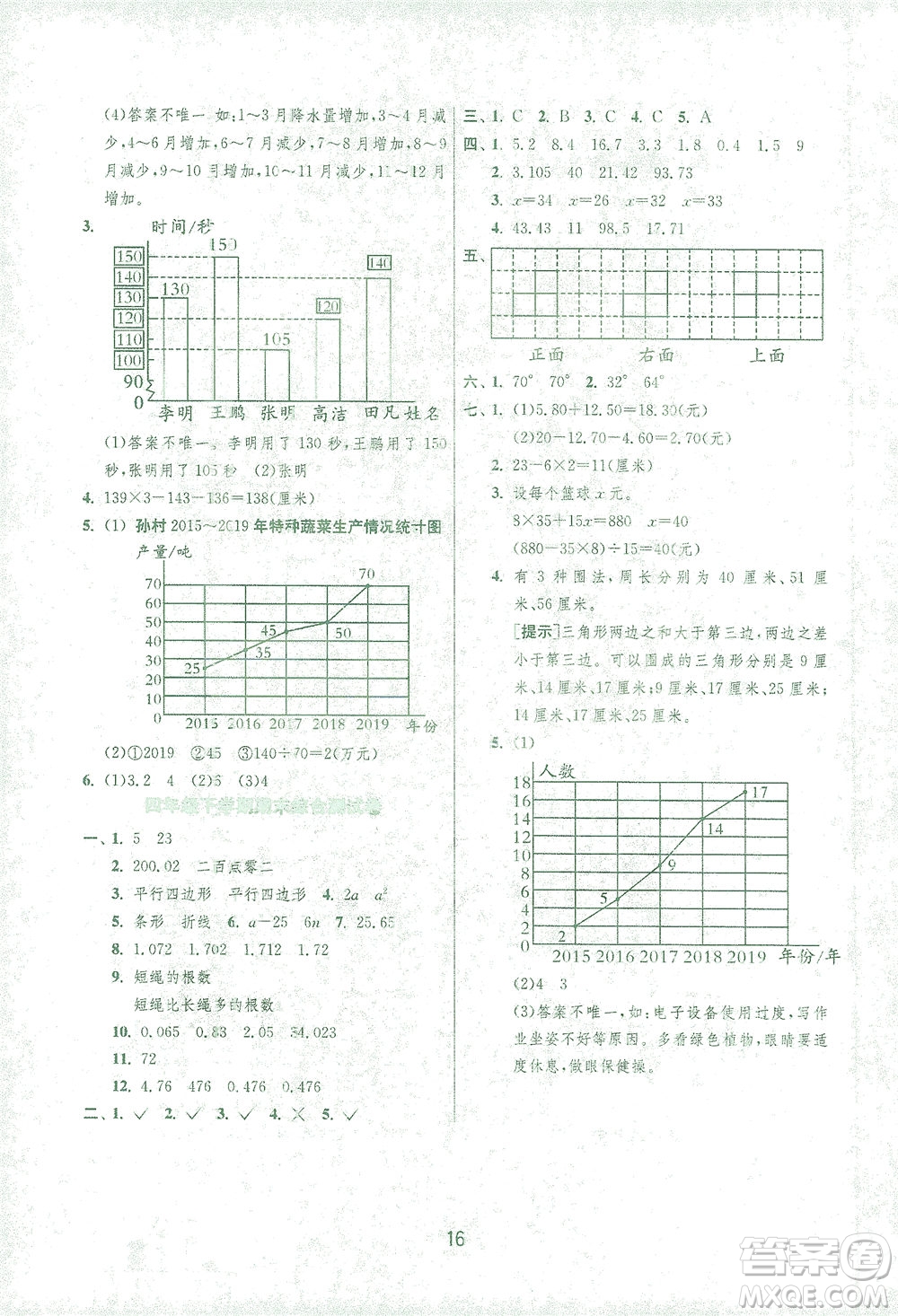 江蘇人民出版社2021實驗班提優(yōu)訓練四年級數(shù)學下冊BSD北師大版答案