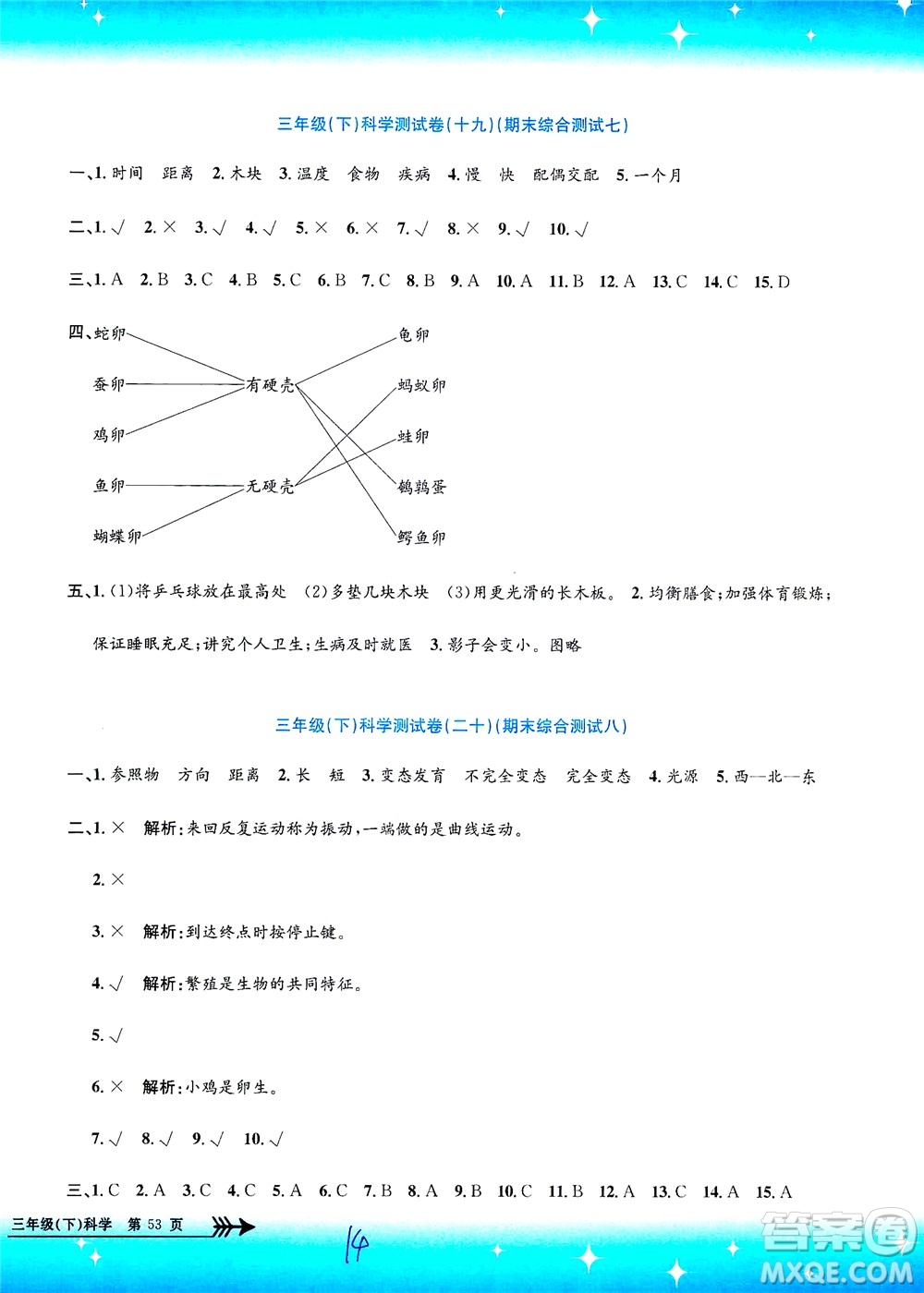 浙江工商大學(xué)出版社2021孟建平系列叢書小學(xué)單元測試科學(xué)三年級下J教科版答案