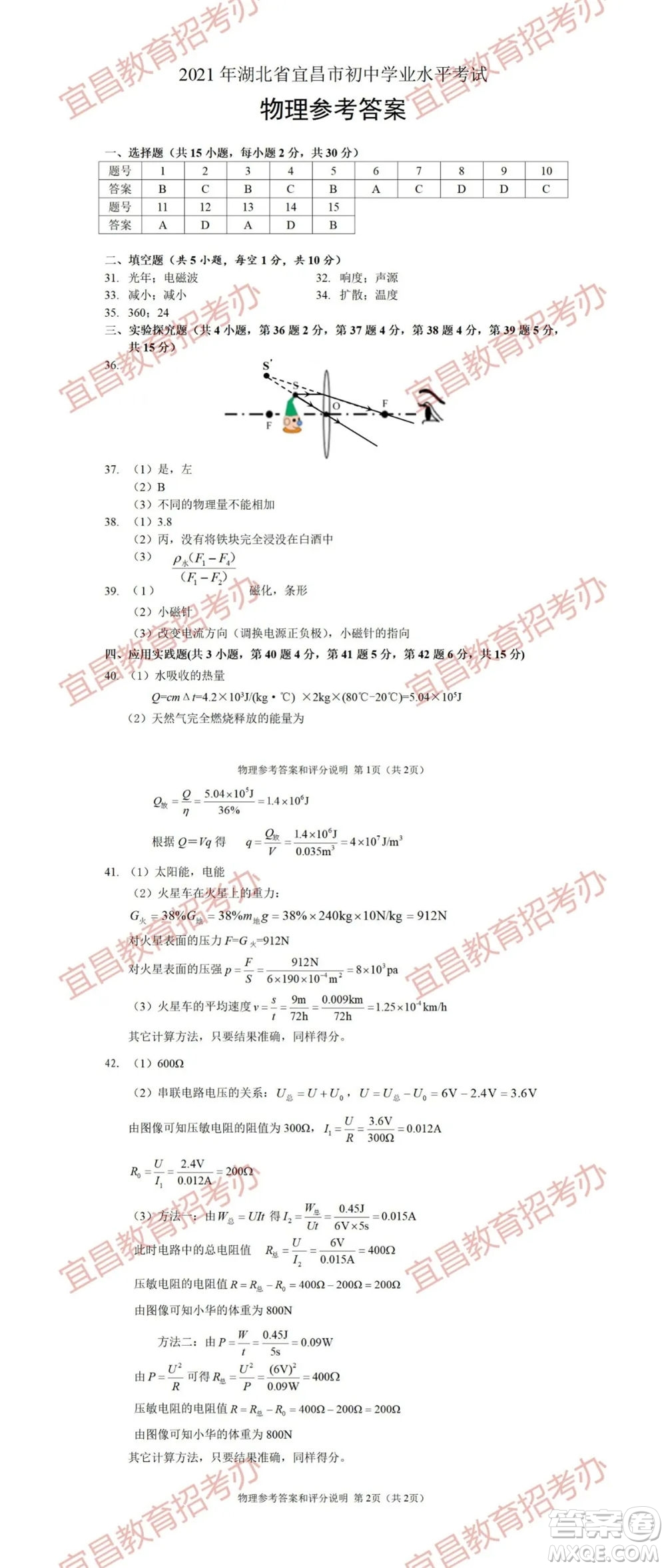 2021年湖北省宜昌市初中學業(yè)水平考試物理化學試題及答案