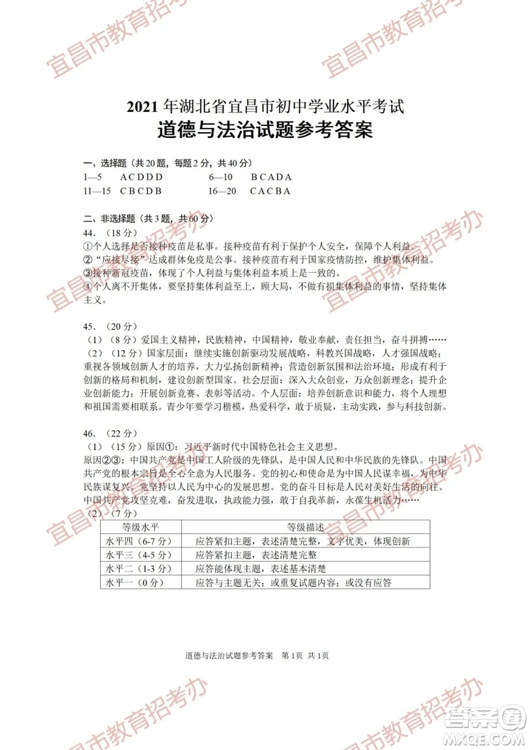 2021年湖北省宜昌市初中學(xué)業(yè)水平考試道德與法治歷史試題及答案