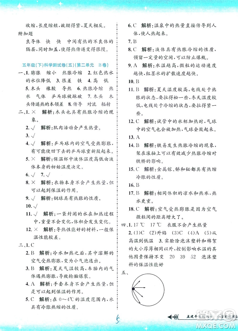 浙江工商大學(xué)出版社2021孟建平系列叢書小學(xué)單元測(cè)試科學(xué)五年級(jí)下J教科版答案