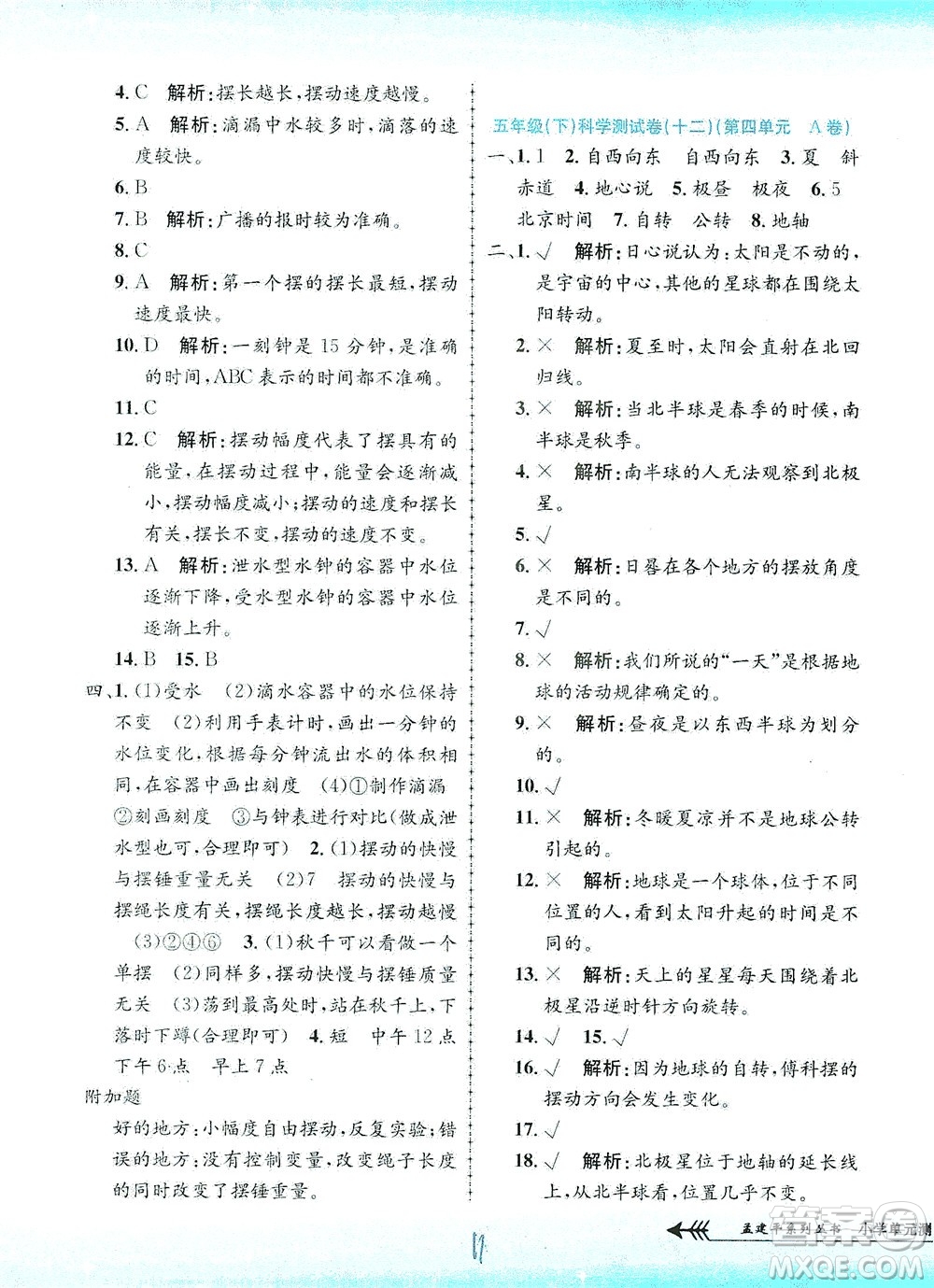 浙江工商大學(xué)出版社2021孟建平系列叢書小學(xué)單元測(cè)試科學(xué)五年級(jí)下J教科版答案