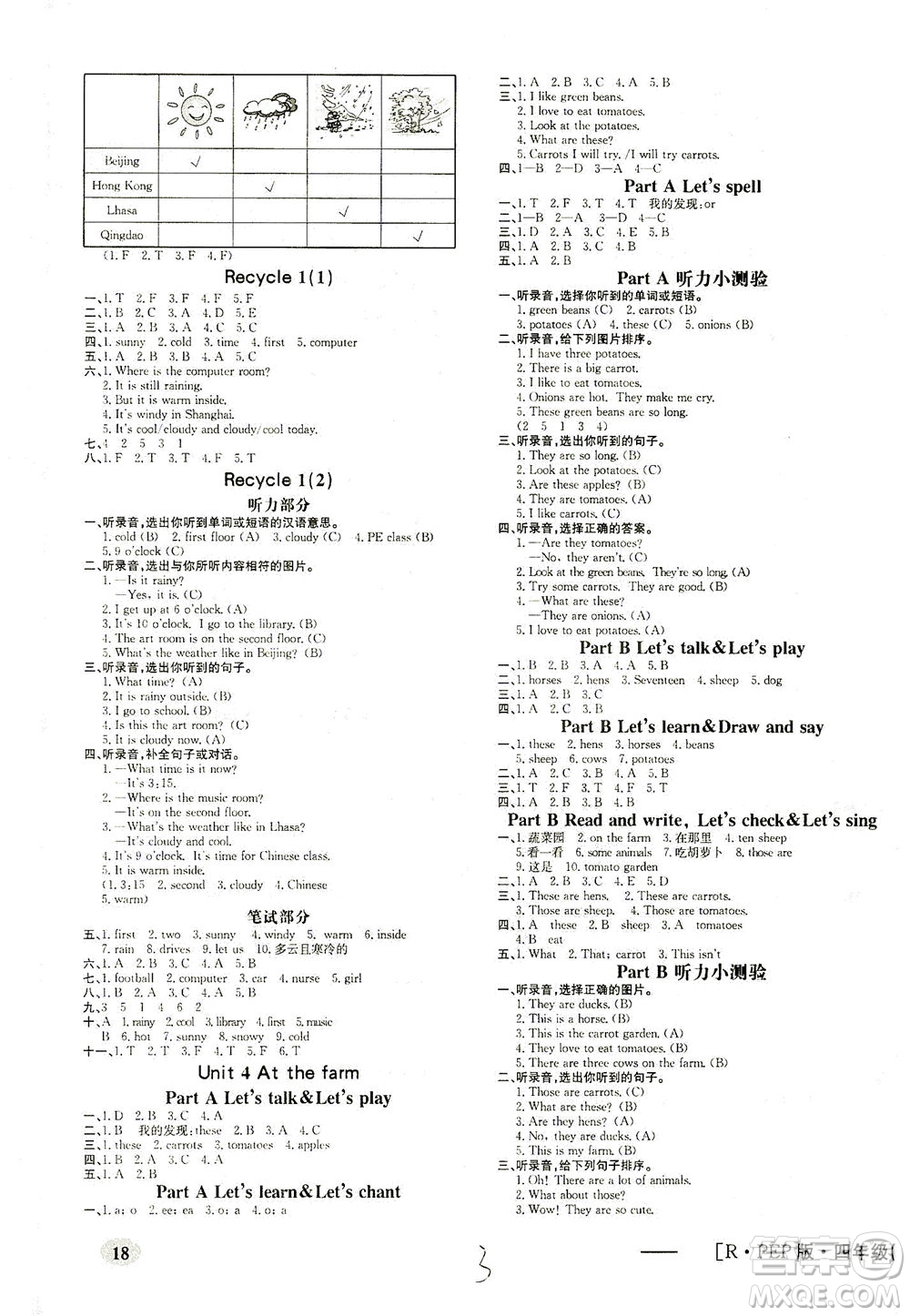 上海大學(xué)出版社2021非常1+1一課一練四年級(jí)英語下冊(cè)人教版答案