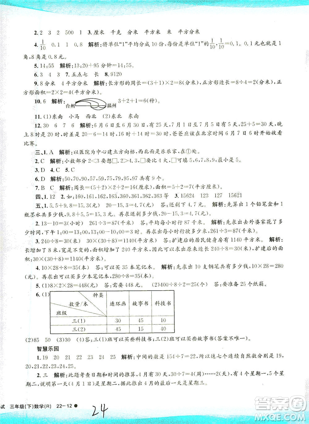 浙江工商大學(xué)出版社2021孟建平系列叢書(shū)小學(xué)滾動(dòng)測(cè)試數(shù)學(xué)三年級(jí)下R人教版答案