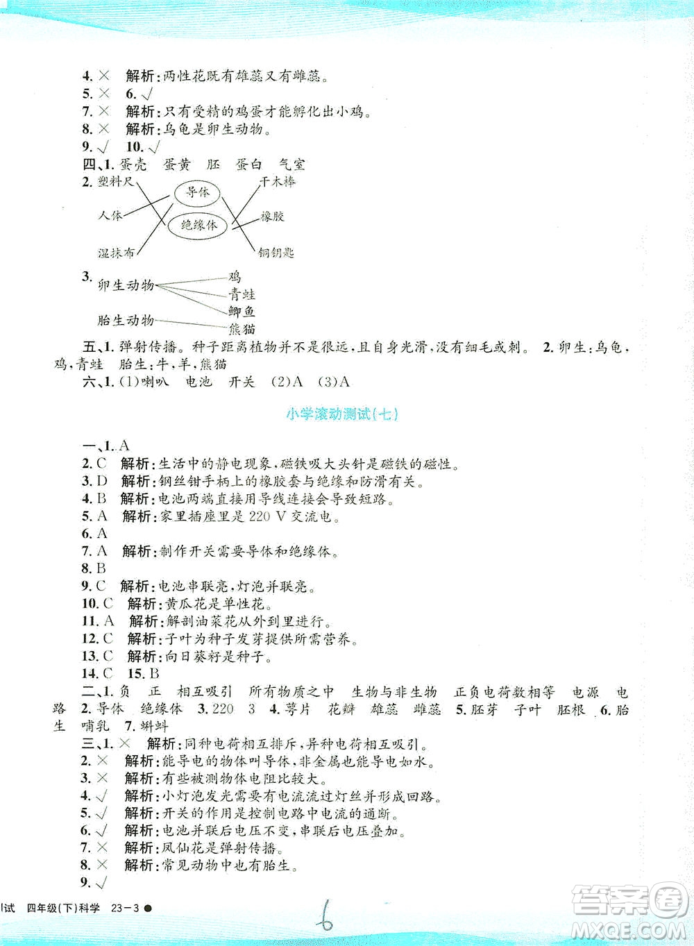 浙江工商大學(xué)出版社2021孟建平系列叢書小學(xué)滾動測試科學(xué)四年級下J教科版答案