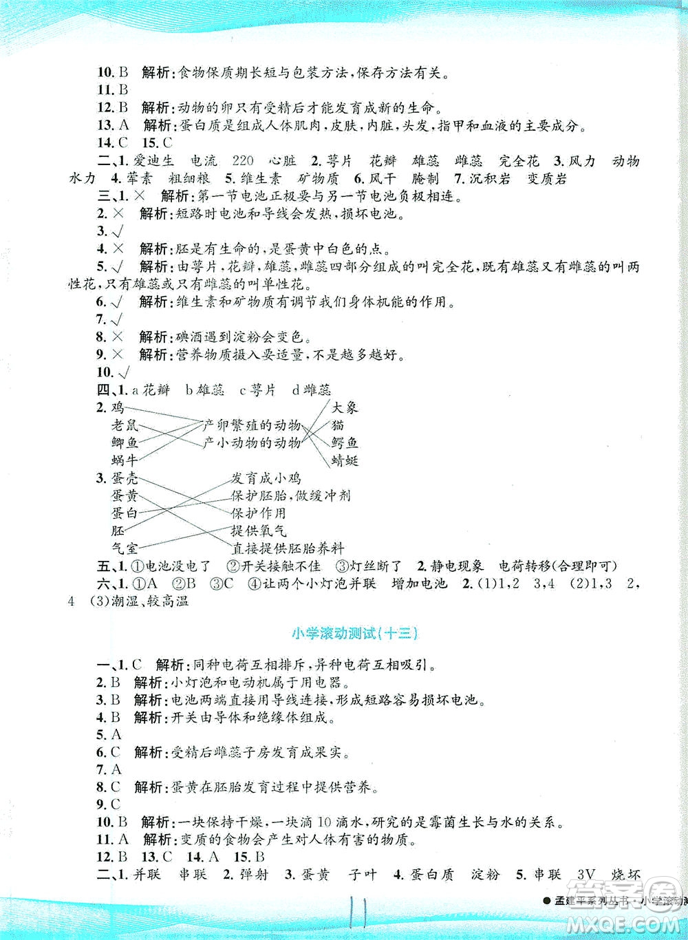 浙江工商大學(xué)出版社2021孟建平系列叢書小學(xué)滾動測試科學(xué)四年級下J教科版答案