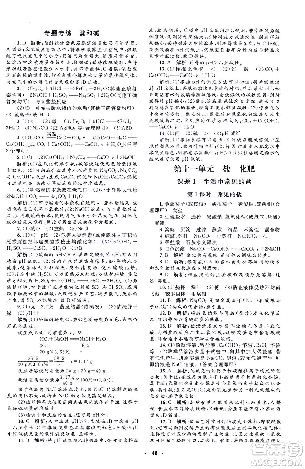 上海大學(xué)出版社2021非常1+1完全題練九年級(jí)化學(xué)下冊(cè)人教版答案