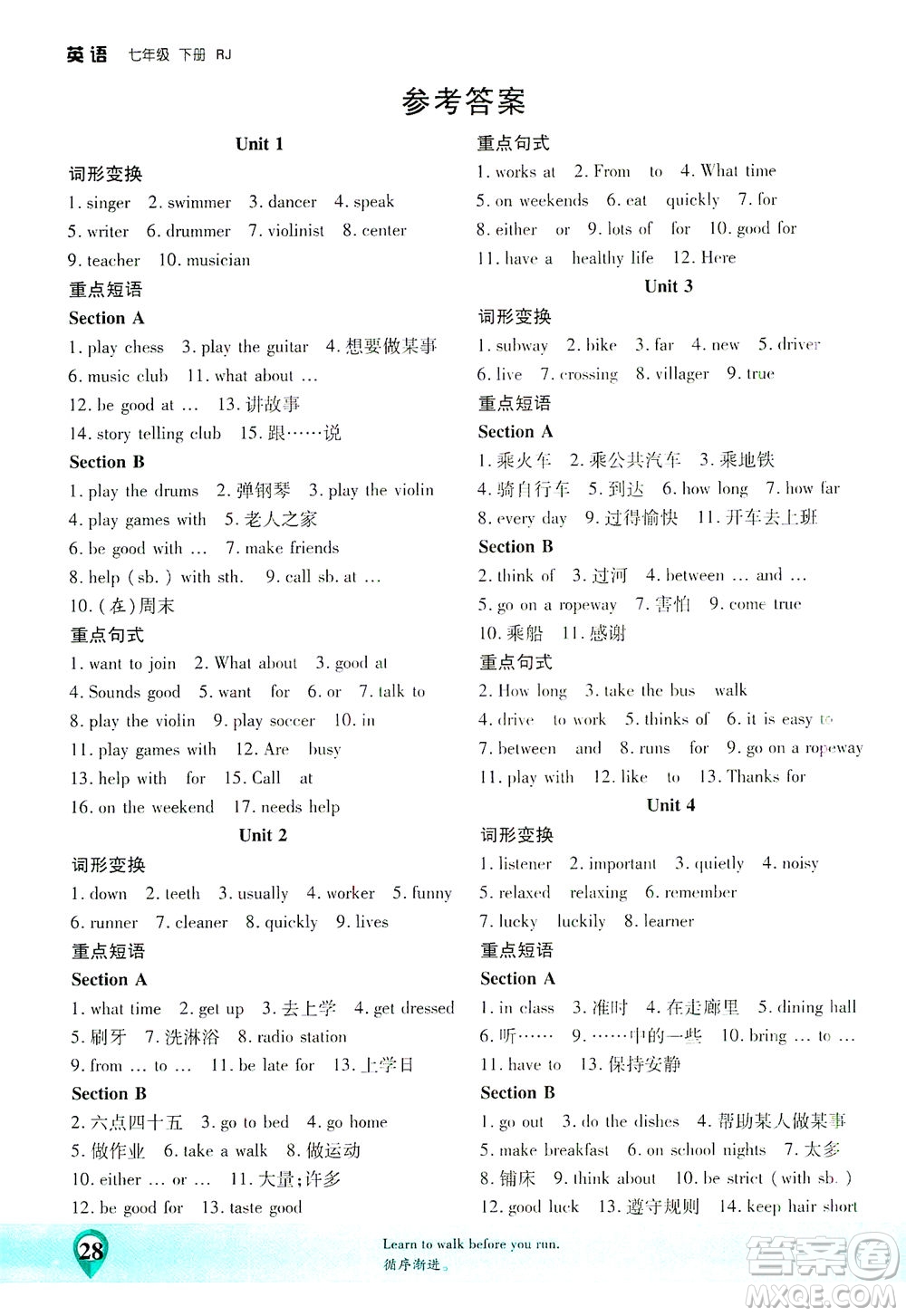 延邊大學(xué)出版社2021一線課堂七年級(jí)英語下冊(cè)人教版答案