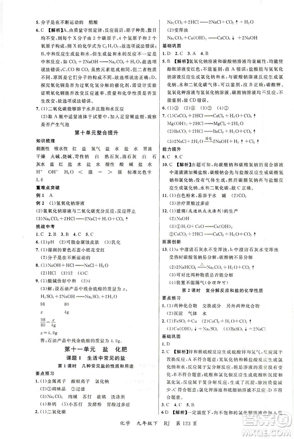 延邊大學(xué)出版社2021一線課堂九年級化學(xué)下冊人教版答案