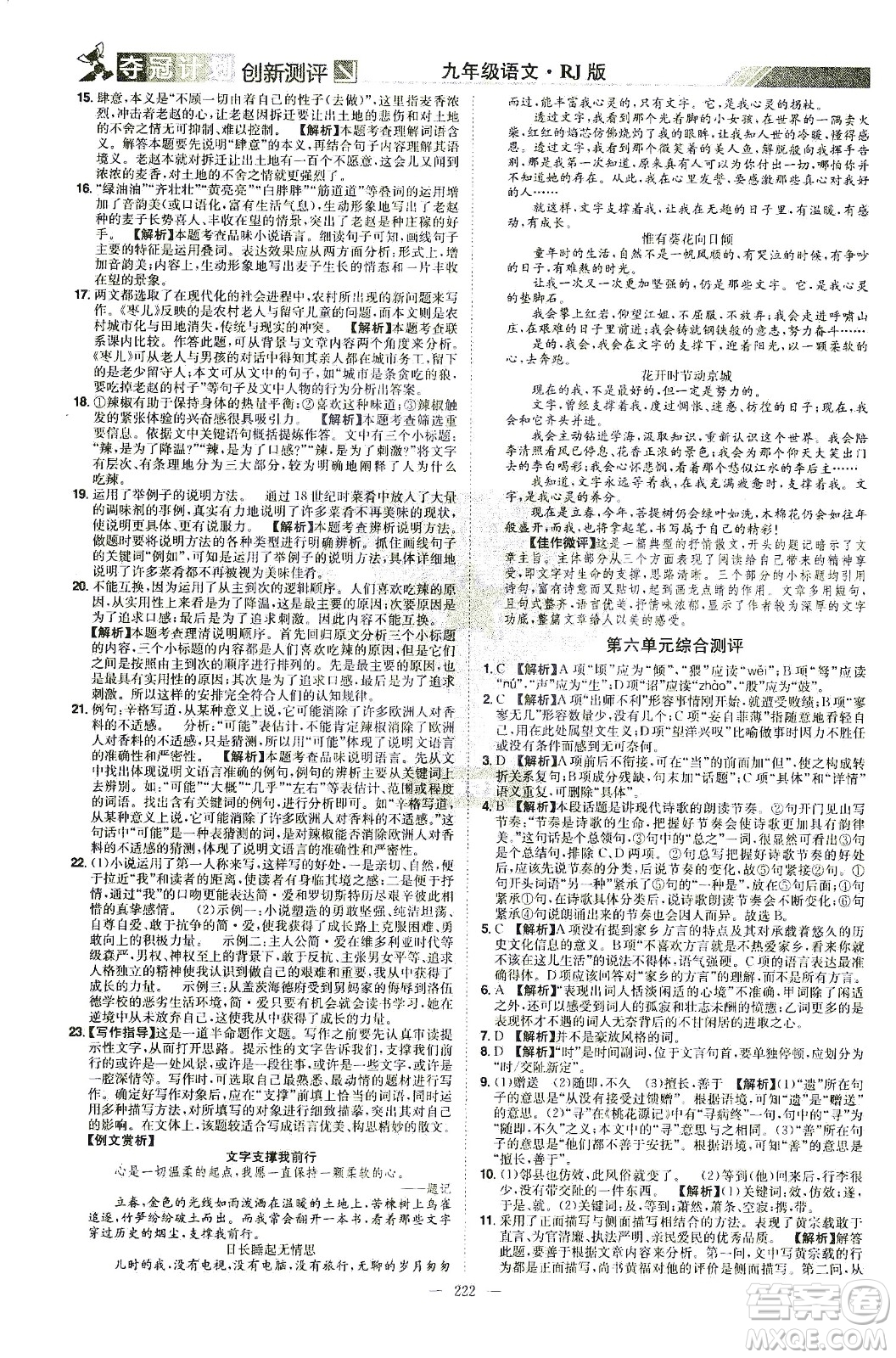 江西美術(shù)出版社2021奪冠計劃語文九年級下冊RJ人教版江西專版答案