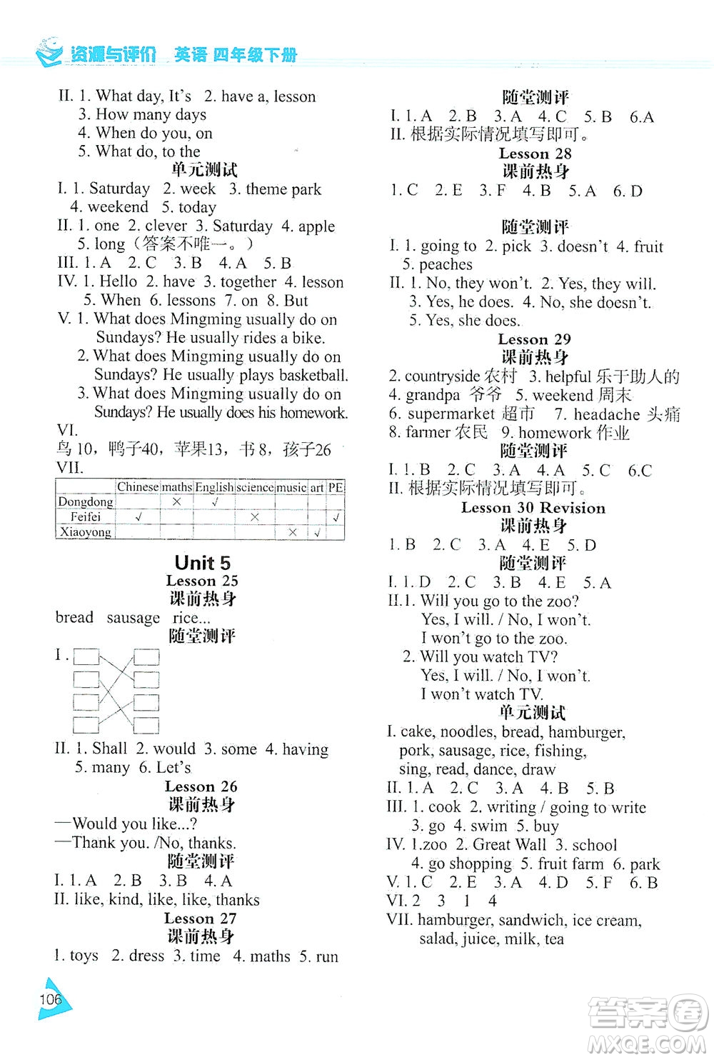 黑龍江教育出版社2021資源與評價四年級英語下冊人教精通版答案