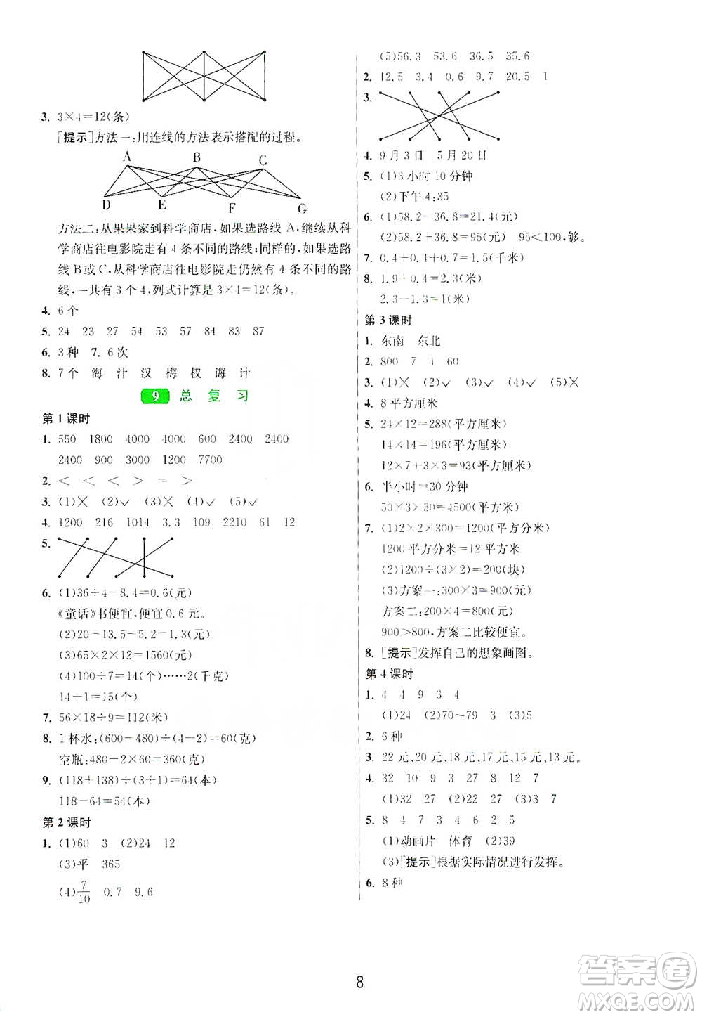 江蘇人民出版社2021年1課3練單元達(dá)標(biāo)測試三年級(jí)下冊數(shù)學(xué)人教版參考答案