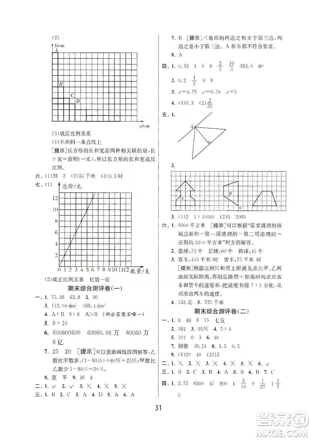 江蘇人民出版社2021年1課3練單元達標測試六年級下冊數(shù)學北師大版參考答案