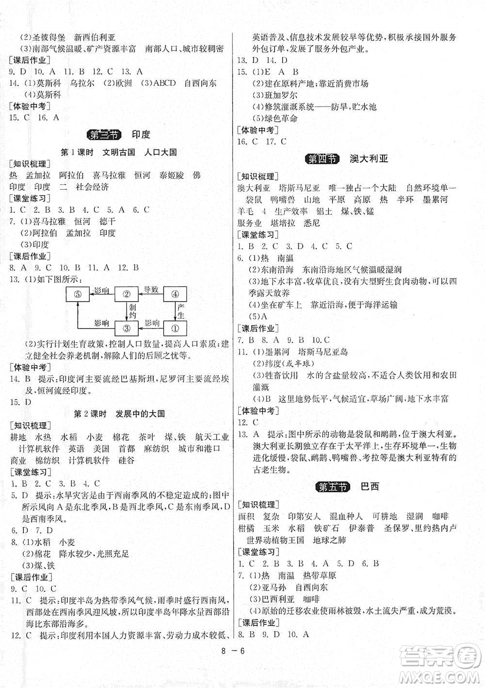 江蘇人民出版社2021年1課3練單元達標測試七年級下冊地理商務(wù)星球版參考答案