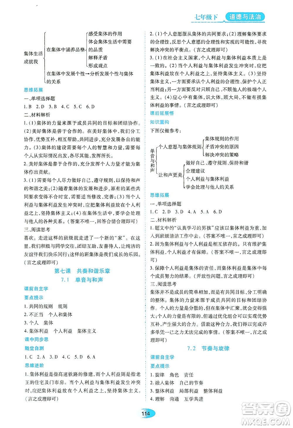 黑龍江教育出版社2021資源與評價七年級道德與法治下冊人教版答案