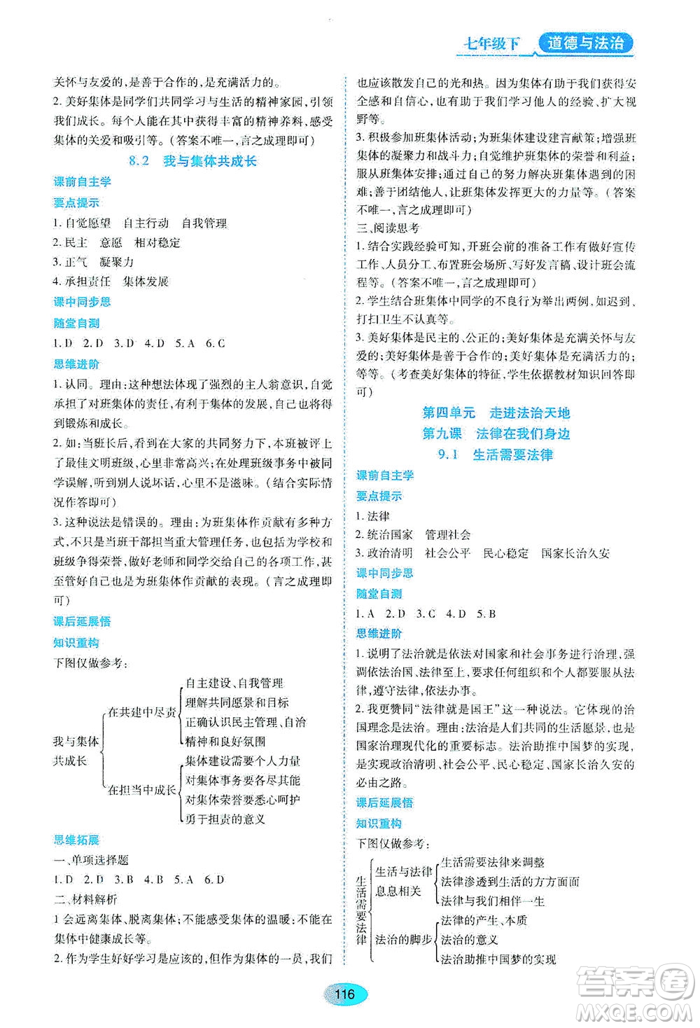 黑龍江教育出版社2021資源與評價七年級道德與法治下冊人教版答案