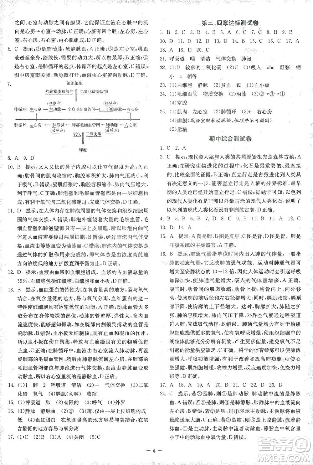 江蘇人民出版社2021年1課3練單元達標測試七年級下冊生物學(xué)人教版參考答案