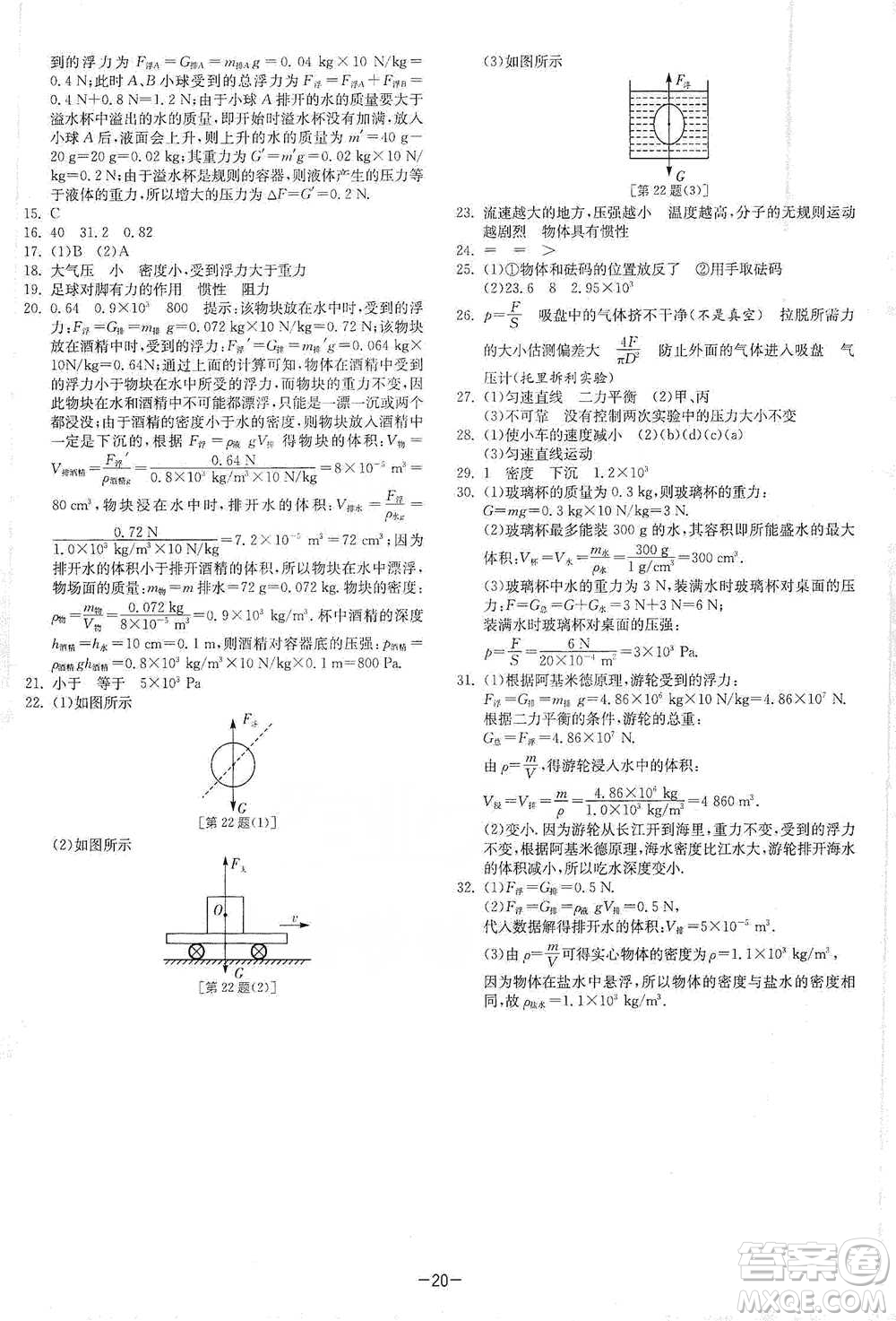 江蘇人民出版社2021年1課3練單元達(dá)標(biāo)測(cè)試八年級(jí)下冊(cè)物理蘇科版參考答案