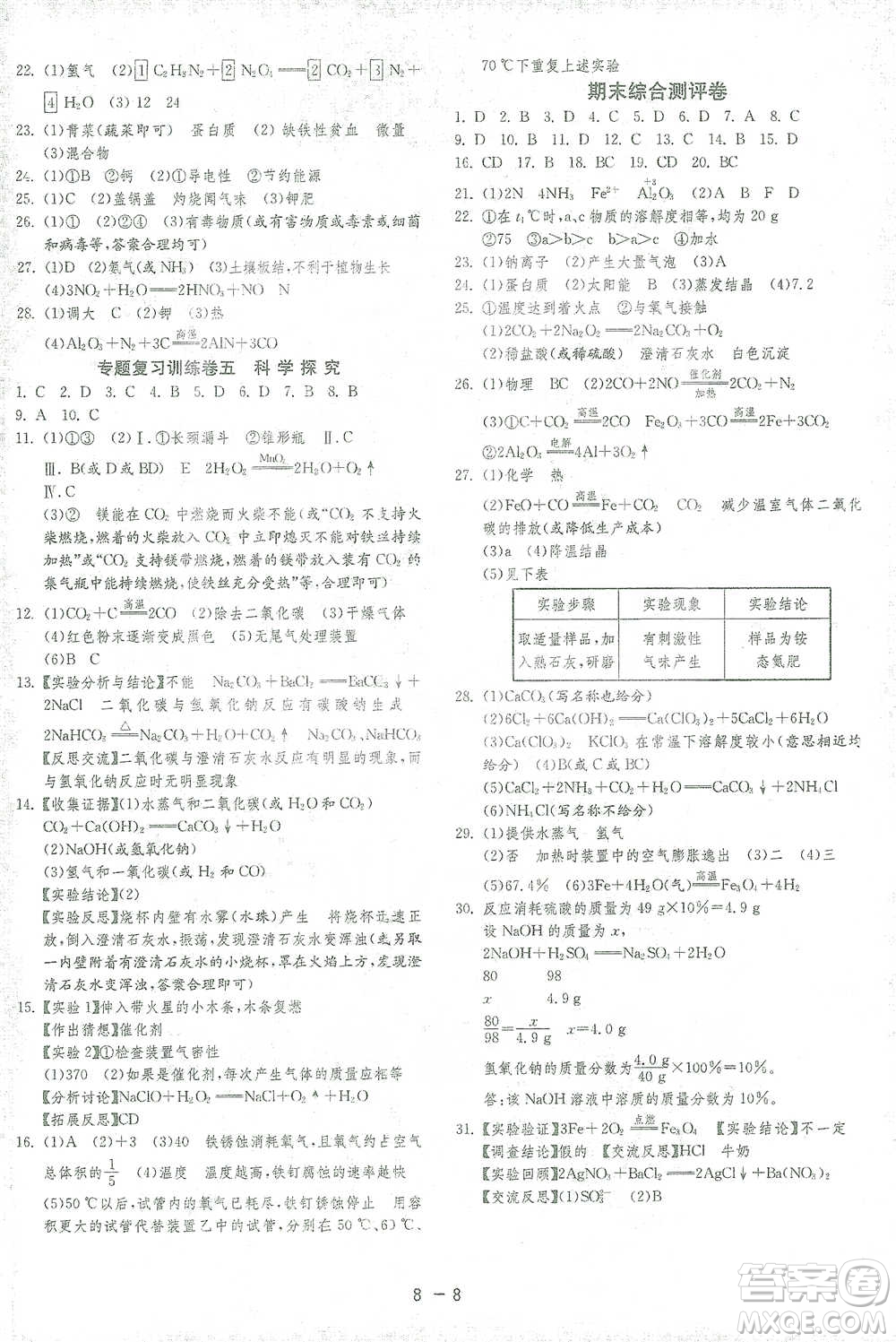 江蘇人民出版社2021年1課3練單元達(dá)標(biāo)測(cè)試九年級(jí)下冊(cè)化學(xué)滬教版參考答案