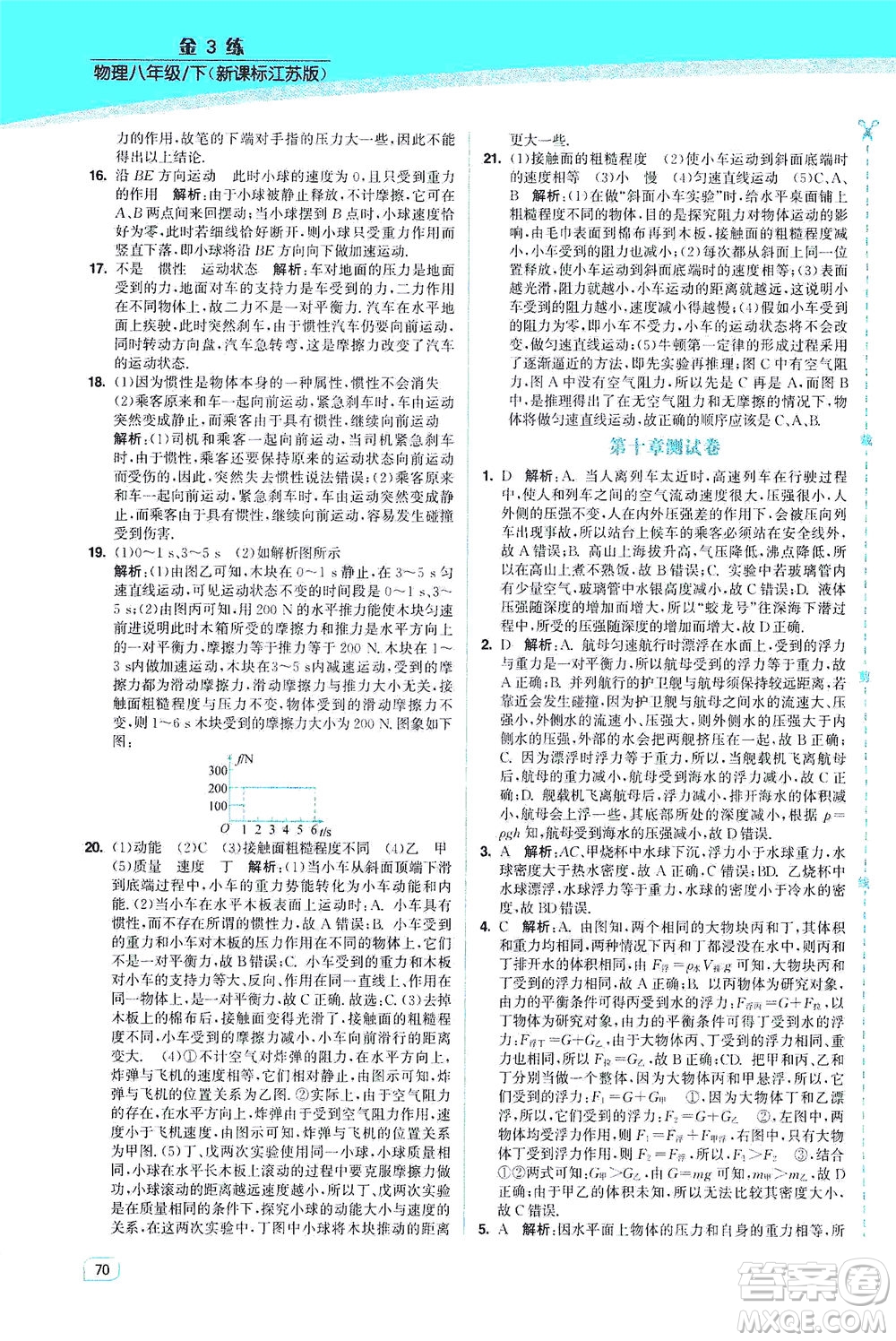 東南大學(xué)出版社2021金3練八年級物理下冊江蘇版答案