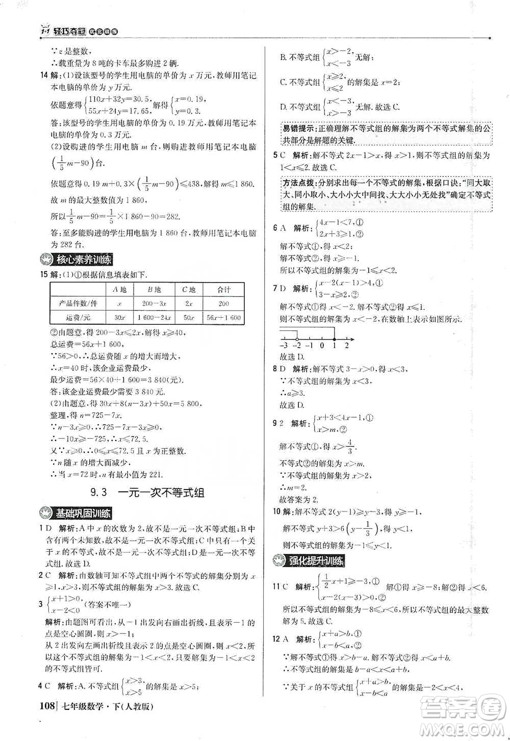 北京教育出版社2021年1+1輕巧奪冠優(yōu)化訓(xùn)練七年級(jí)下冊(cè)數(shù)學(xué)人教版參考答案