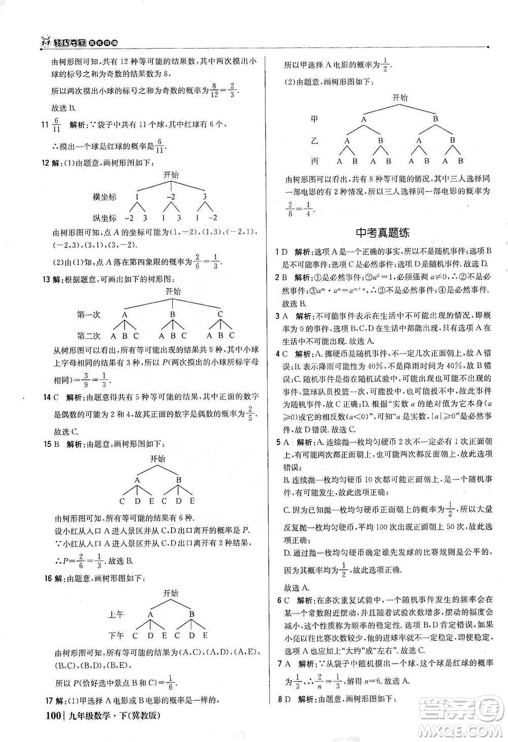 北京教育出版社2021年1+1輕巧奪冠優(yōu)化訓(xùn)練九年級下冊數(shù)學(xué)冀教版參考答案