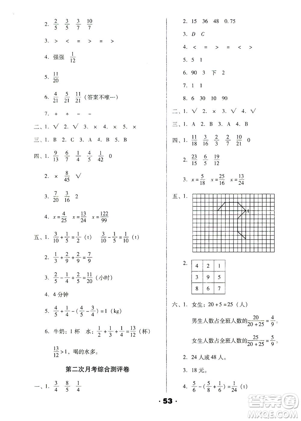 北方婦女兒童出版社2021全程考評一卷通數(shù)學(xué)五年級下冊RJ人教版答案